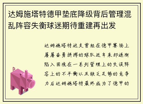 达姆施塔特德甲垫底降级背后管理混乱阵容失衡球迷期待重建再出发